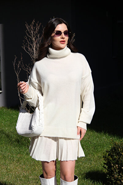 Julishop Premium Ecru White Pleated Mini Skirt and Fishing Sweater Set