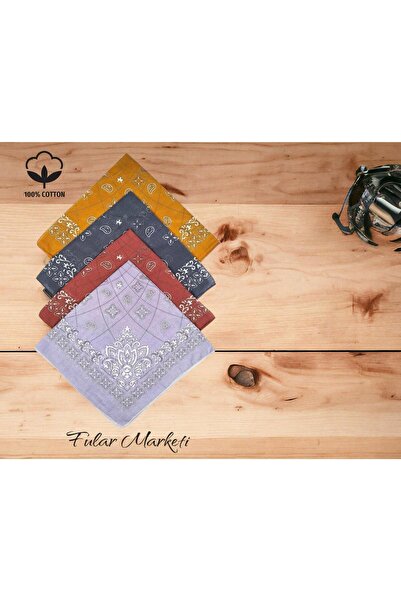 Fular Marketi 100% Cotton Elegance Patterned Bandana 4 Pieces 4ehl Mustard An...