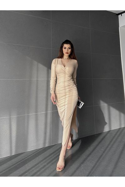 Fav Style Γυναικείο φόρεμα με διπλό στήθος με μακρυμάνικο γιακά με λεπτομέρεια σχισμή μπεζ