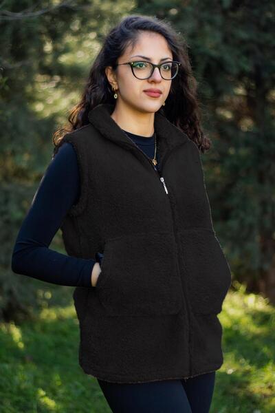 Azıcık Akıllı Γυναικείο γιακά μαύρο όρθιο χοντρό βελούδινο γιλέκο με φερμουάρ 24kylkk215