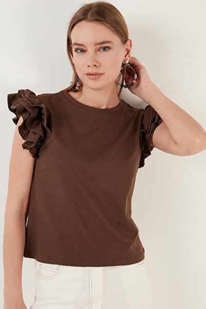 Lela Cotton Sleeves Ruffled Slim Fit Crew Neck T Shirt 5864500