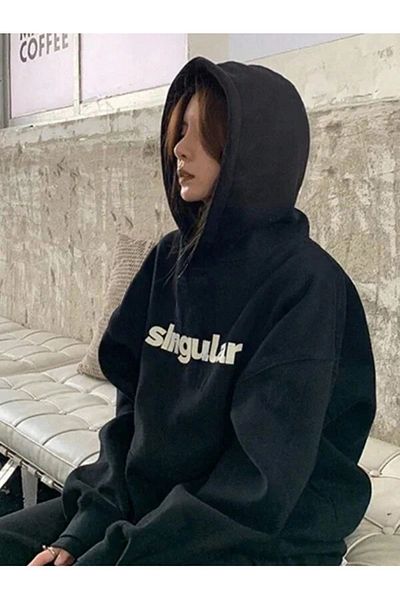 BEETON Singular 3 Thread Thick Winter Sweatshirt - Black Printed Oversize Hooded Hoodie