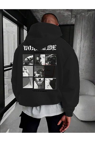 BEETON Places Interests 3 Thread Thick Winter Sweatshirt - Black Printed Oversize Hooded Hoodie