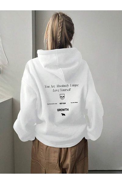 BEETON Growth 3 Thread Thick Winter Sweatshirt - White Printed Oversize Hooded Hoodie