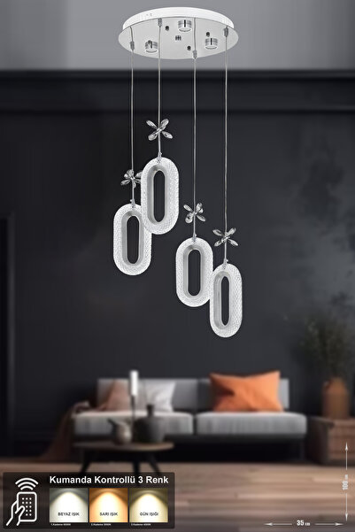 Avizemoda Sessi 4'lü Power Ledli Kumandalı Modern Lüks Sarkıt Avize, 3 Renk: ...