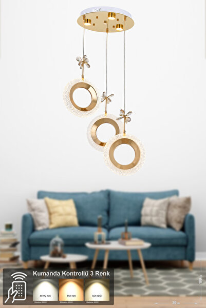 Avizemoda Ribera 3'lü Power Ledli Kumandalı Modern Lüks Sarkıt Avize, 3 Renk:...