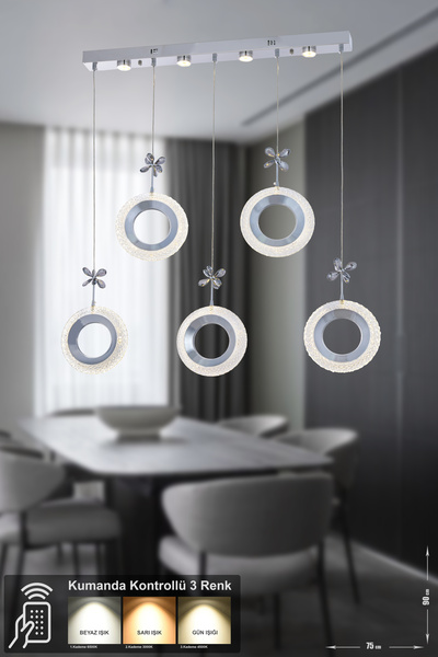 Avizemoda Ribera 5'li Power Ledli Kumandalı Modern Yemek Masası Üstü Avize, 3...