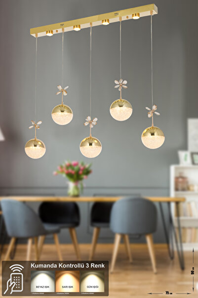 Avizemoda Forde 5'li Power Ledli Kumandalı Modern Yemek Masası Üstü Avize, 3 Renk: Sarı-beyaz-gün Işığı -gold