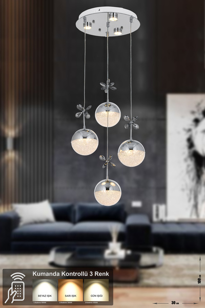 Avizemoda Forde 4'lü Power Ledli Kumandalı Modern Lüks Sarkıt Avize, 3 Renk: Sarı-beyaz-gün Işığı - Krom