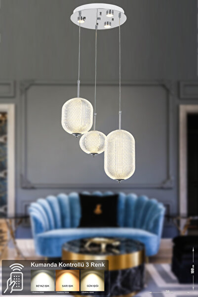 Avizemoda Torino 3'lü Power Ledli Kumandalı Modern Lüks Sarkıt Avize, 3 Renk:...