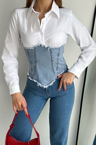 FEMELLE Women's Denim Jeans Garnished Side Zippered Padded Shirt