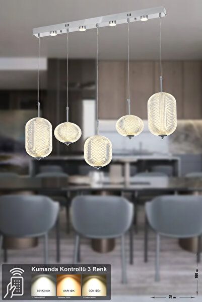 Avizemoda Torino 5'li Power Ledli Kumandalı Modern Yemek Masası Üstü Avize, 3...