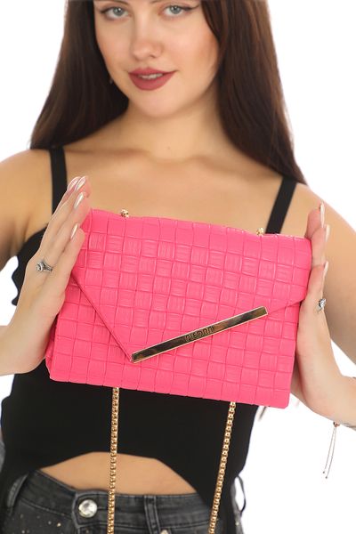 Piedra Fuchsia Colored Checkered Magnetic Cover New Season Envelope Bag with Hand and Shoulder Strap