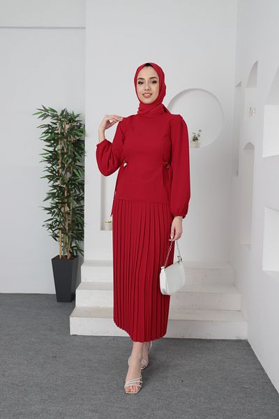 Aranlı tekstil Pleated Skirt Blouse Hijab Top and Bottom Set