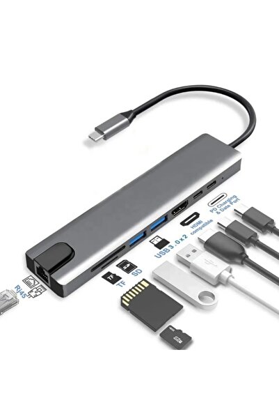 nextbuy 8in1 Type-C Hub Port Uyumlu Adaptör HDMI USB Kart Okuyucu Ethernet Pd Girişli Macbook Çevirici Gri