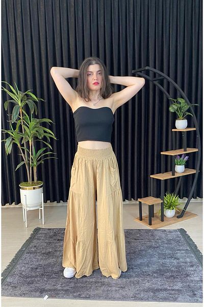 ESPOİRPLUS Light Milk Coffee Color Gathered Lycra Women's Woven Trouser Skirt