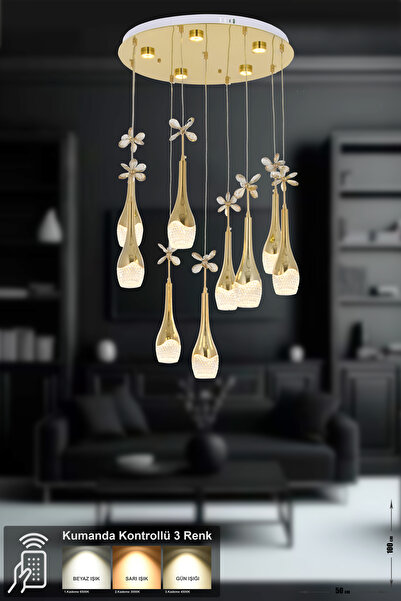 Avizemoda Lale 9'lu Power Ledli Kumandalı Modern Lüks Sarkıt Avize, 3 Renk: Sarı-beyaz-gün Işığı - Gold