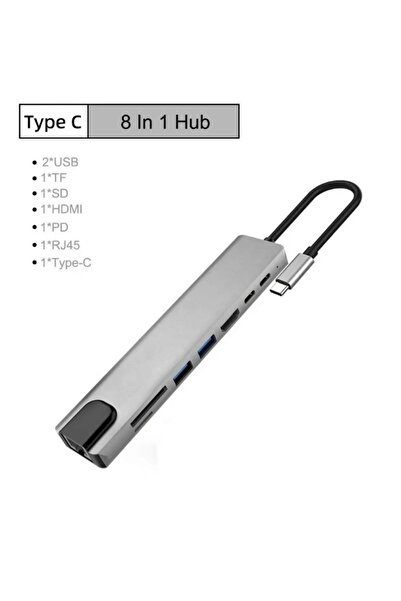 nextbuy 8in1 Type-C Hub Port Uyumlu Adaptör HDMI USB Kart Okuyucu Ethernet Pd Girişli Macbook Çevirici Gri