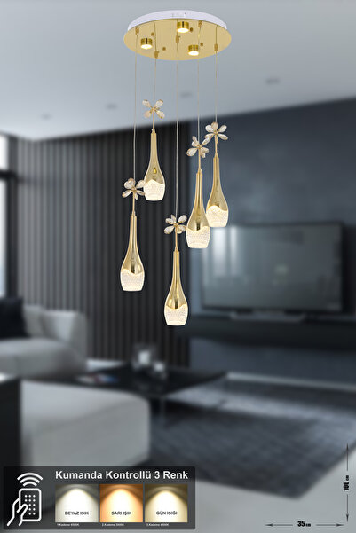 Avizemoda Lale 5'li Power Ledli Kumandalı Modern Lüks Sarkıt Avize, 3 Renk: S...