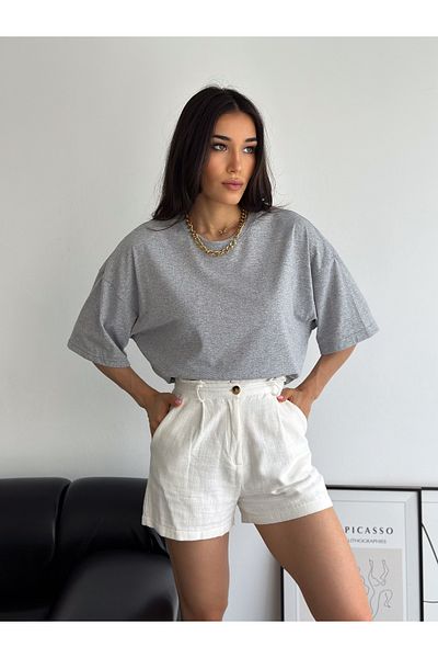 Buteks Unisex Grey Oversize Crew Neck Boyfriend Cotton Loose Boyfriend Basic T-shirt