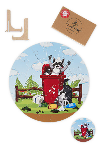 Genel Markalar Sevimli Rakun Temalı Ahşap 25 Parça Dev Puzzle 42cm Çapında