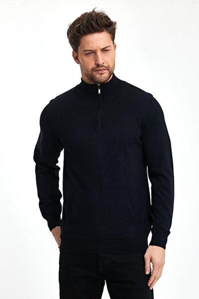 ENQUE Чоловічий светр-кенгуру з напівзастібкою на блискавці, темно-синій трикотаж