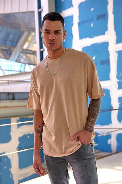 Buteks Ανδρικό μπεζ Oversize Crew Neck Boyfriend Cotton Loose Boyfriend Basic T-shirt