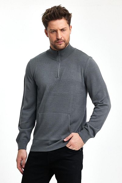 ENQUE Men's Kangaroo Pocket Half Zipper Winter Gray Knitwear Sweater