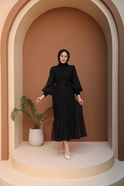 Hülya Keser Pileli Balon Kol Abiye - Siyah