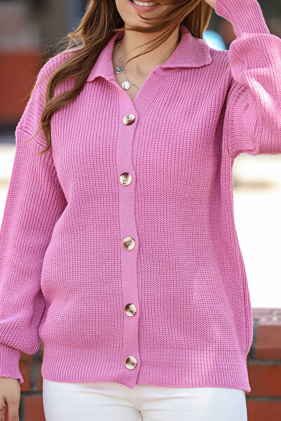 ALCHON V Polo Yaka Selanik Örgü Uzun Kollu Beş Düğmeli Standart Boy Kışlık Basic Triko Hırka