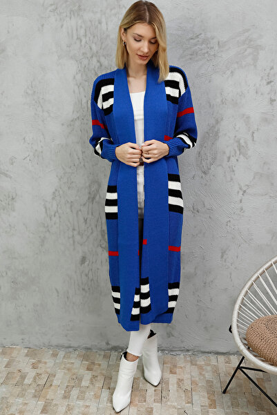 ALCHON Şal Katlamalı Yaka Uzun Kol Selanik Örgü Şerit Renk Bloklu Çizgili Bil...
