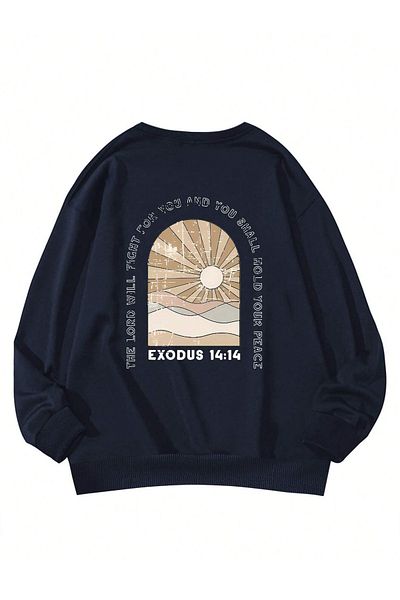 PALPİTO Hanorac de damă bleumarin Exodus 14 cu imprimeu supradimensionat cu decolteu