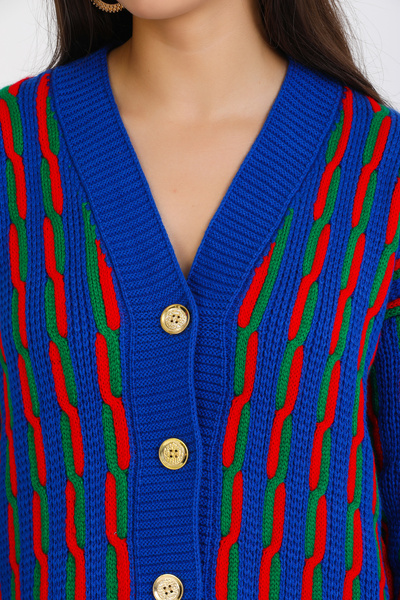 ALCHON V-подібний виріз, довгі рукави, жакардовий візерунок, кольорові блоки, плетені коси, п'ять ґудзиків, зимовий товстий трикотажний кардиган середньої довжини.