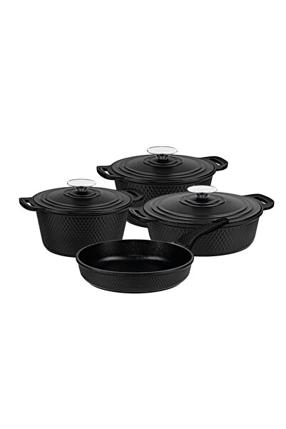 OMS طقم أواني طهي من الجرانيت المصبوب مكون من 7 قطع من تريانا باللون الأسود 3536