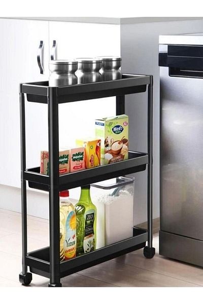 Viyalente Raft dreptunghiular cu 3 niveluri cu roți - Raft organizator pentru baie și bucătărie, negru