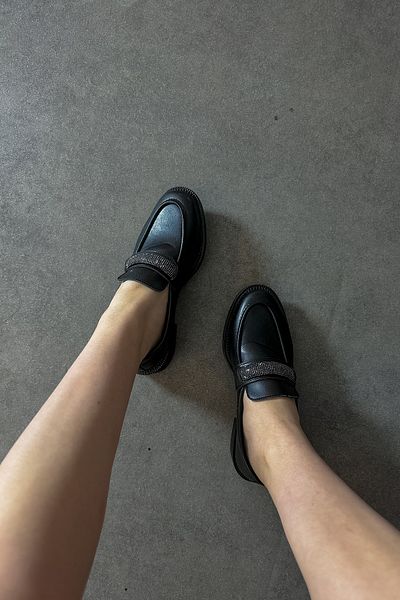 SHOEBELLAS Дамски мокасини Pensa от естествена кожа, черни, с камъни