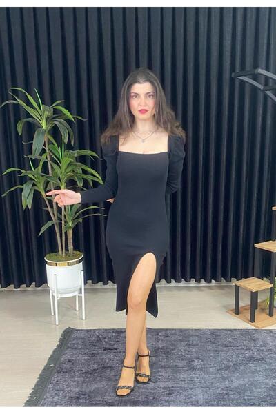 ESPOİRPLUS  KARE YAKA SİYAH RENK VÜCUDA OTURAN MİDİ BOY YIRTMAÇ DETAYLI PİLEL...