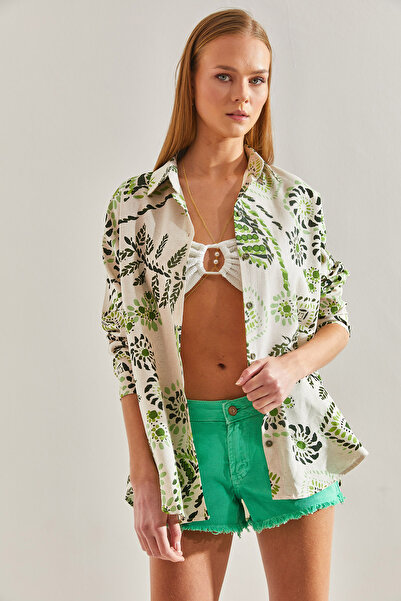 Bianco Lucci Γυναικείο λινό πουκάμισο με μεγάλα φύλλα με σχέδιο60101021