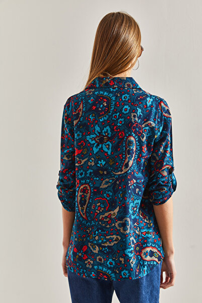 Bianco Lucci Kadın Kol Katlamalı Çiçek Desenli Viskon Gömlek 60101029