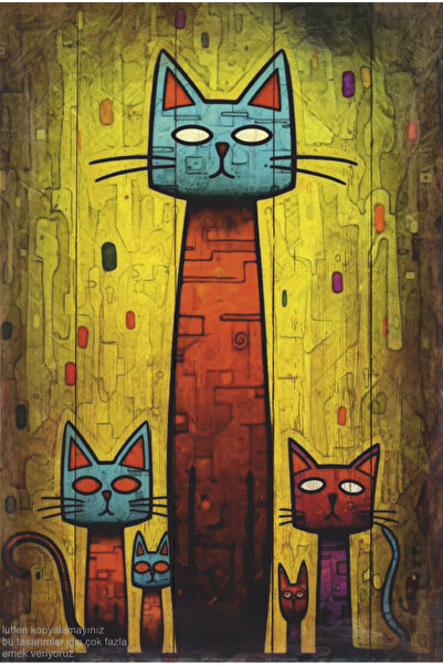 cute cat family oil painting aesthetic wall painting decor retro wood poster