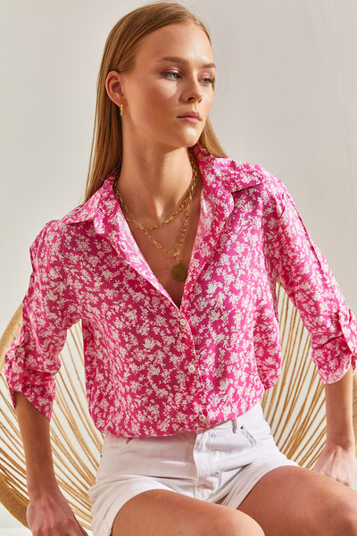 Bianco Lucci Women's Sleeve Folded Patterned Viscose Shirt60101030