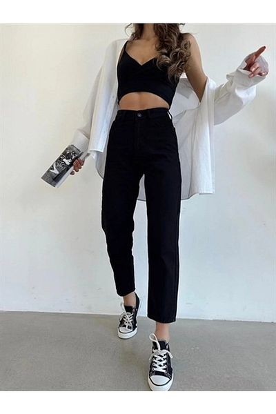 DRC trend Elvan Women's black Mom Lycra High Waist Trousers MOMJEAN