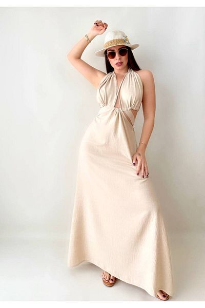 BENİMOLMALI Φόρεμα Bohemian Φόρεμα από λινό ύφασμα Φόρεμα με χαμηλό κούφιο λαιμό Λεπτομέρεια καλοκαιρινό Eibise