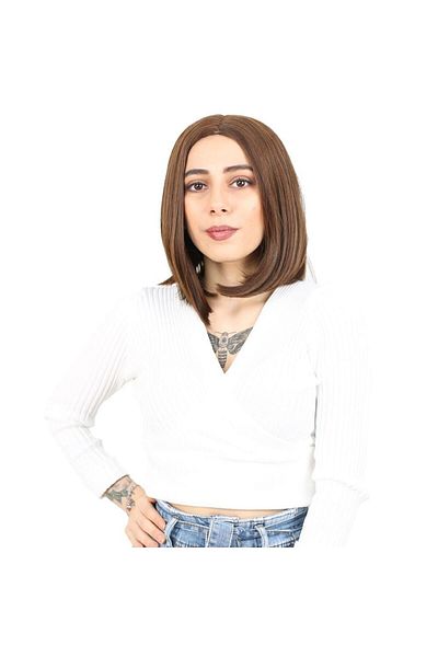 KONAK PERUK Short Straight Fiber Synthetic Wig - Rivetless, Brown Caramel
