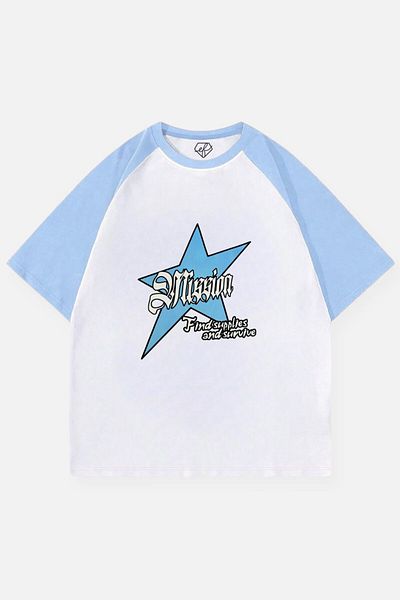 EFBUTİK White Unisex Blue Reglan Mission Star T-Shirt