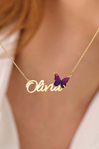 HomSilverjewelry 925 Ayar Gümüş Kişiye Özel Isimli Mor Kelebek Detaylı Kadın ...