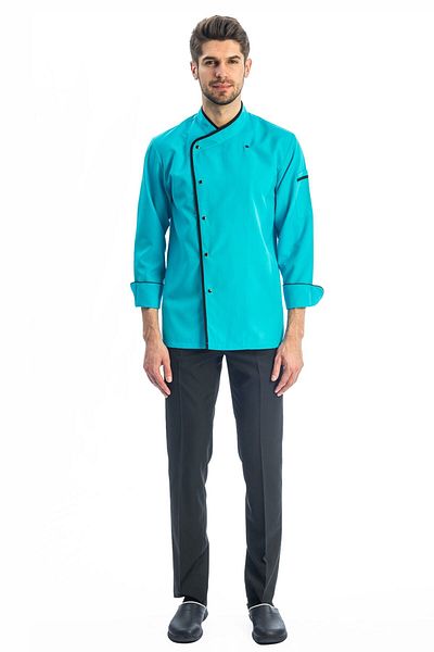 TIPTEKS Men's Long Sleeve Classic Turquoise Chef Jacket - Black Piping
