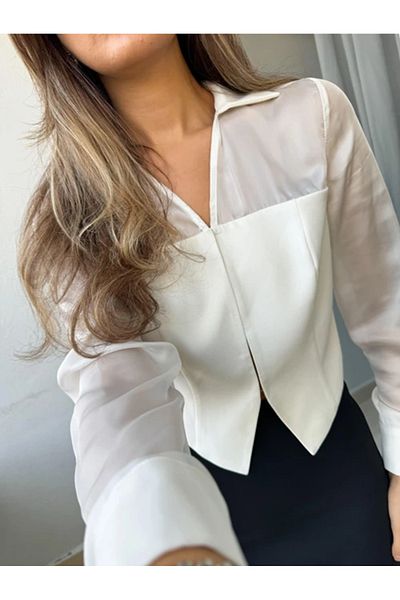 My Blog Women's Ecru Bias Cut Chiffon Crepe Shirt