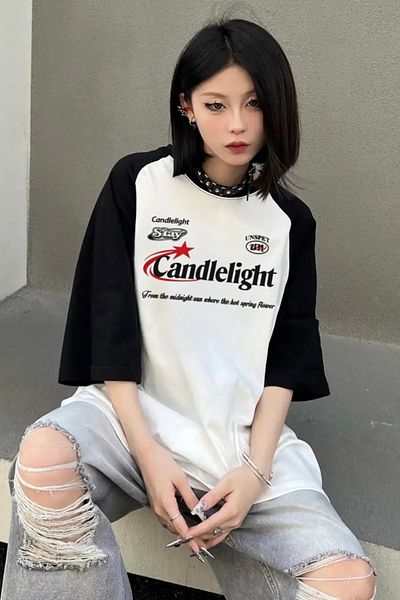 EFBUTİK White Unisex Black Raglan Harajuku Candlelight Star T-Shirt