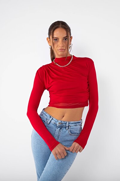 Bak Moda Жіночий червоний кроп-топ з драпіруванням і коміром-стійкою з тюлевими деталями